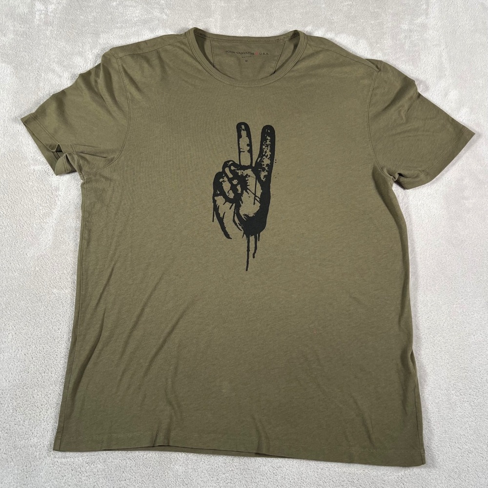 John Varvatos USA T-Shirt Men's Size Medium Olive Green Peace Sign Graphic Print